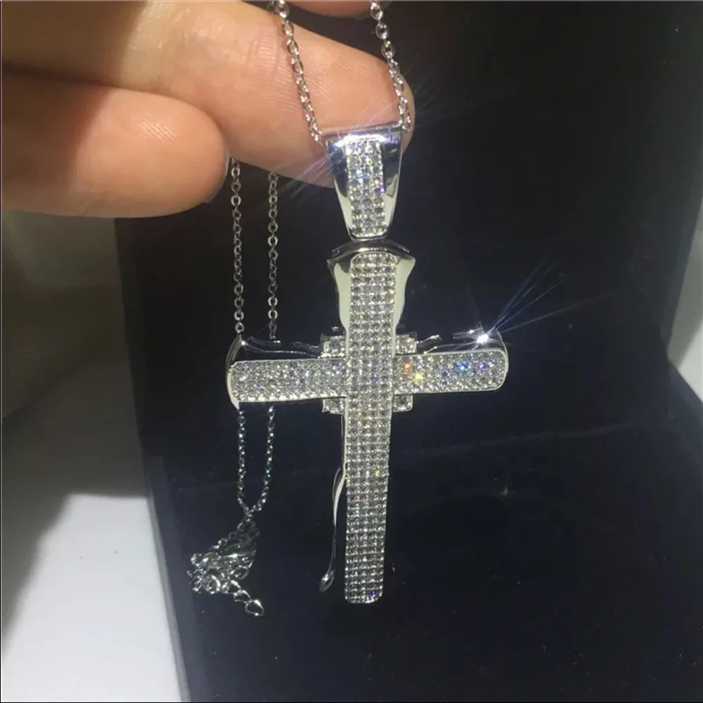 New Luxury 925 Silver Cross Men Women Diamond Necklace - Picture 5 of 16